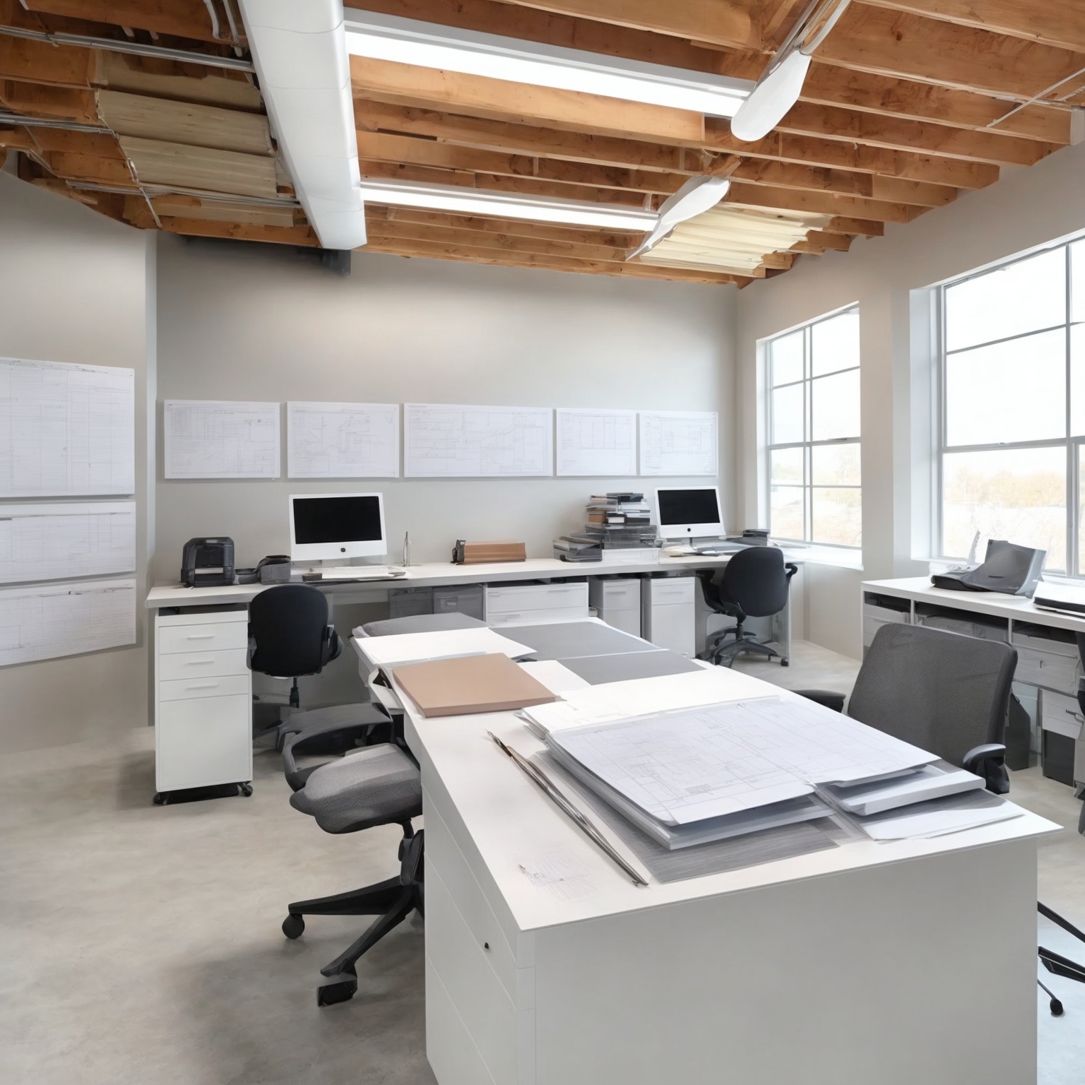 Professional roofing company office workspace with architectural plans and material samples