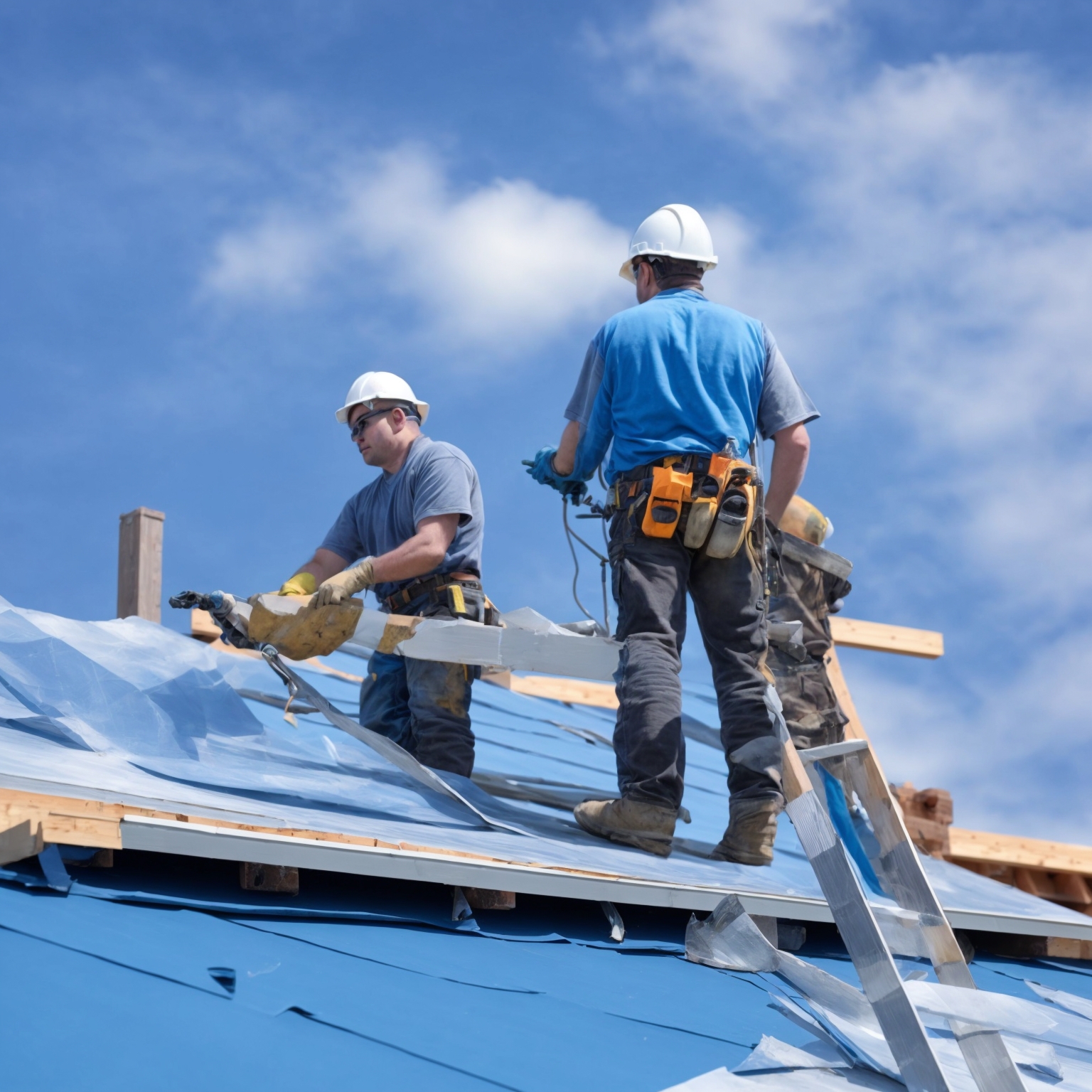 Experienced roofing contractors performing installation work with professional coordination and safety practices visible