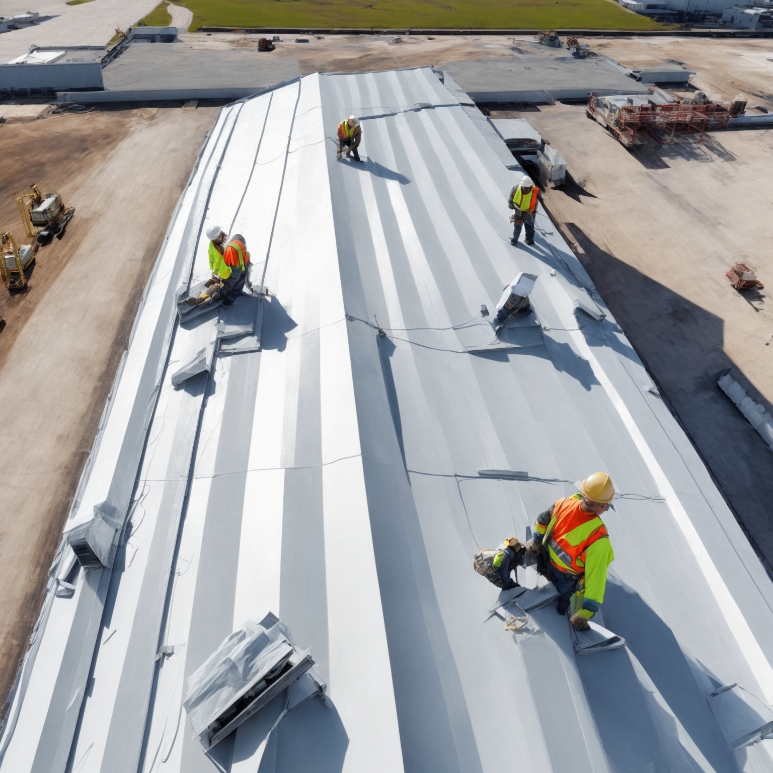 Professional commercial roofing crew working together on large industrial building installation with multiple skilled workers demonstrating professional coordination and modern safety standards