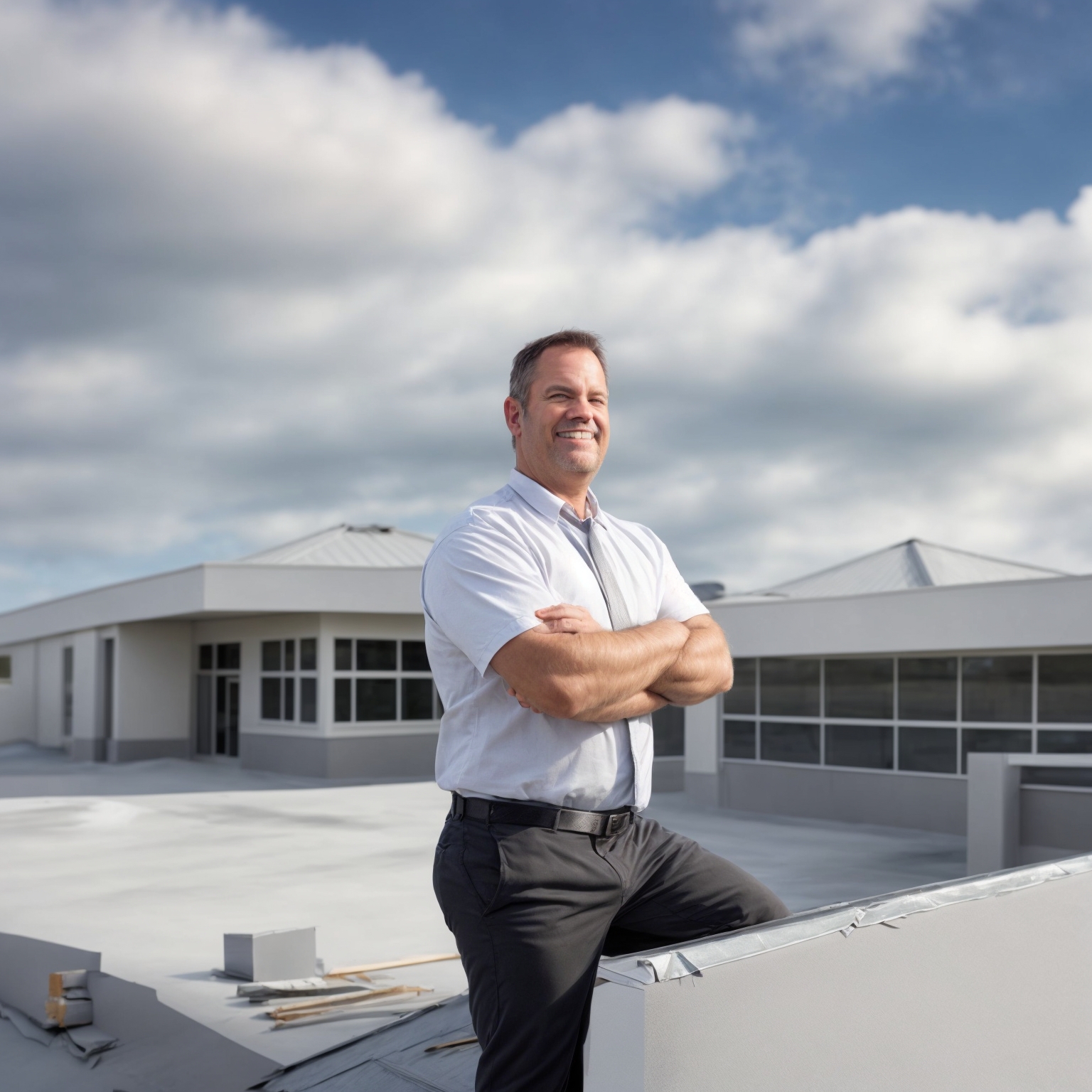 Commercial property owner at completed project site, confident in the quality of professional roofing work